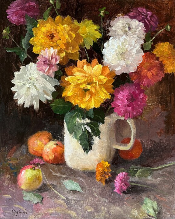 Painting titled "Dahlia Bouquet #2" by Ling Strube, Original Artwork, Oil Mounted on Other rigid panel