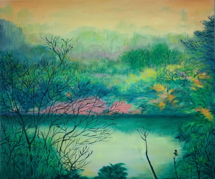 Painting titled "Between the Mountai…" by Lingli Li, Original Artwork, Oil