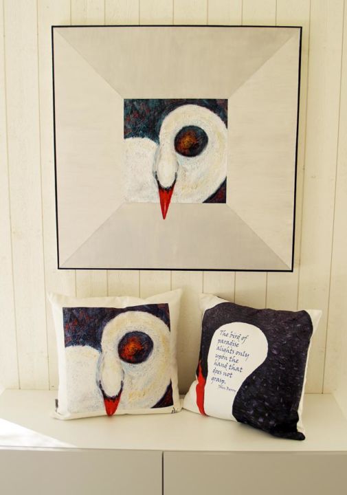 Textile Art με τίτλο "Pillow with birds.j…" από Carina Linné, Αυθεντικά έργα τέχνης