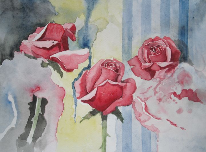 Painting titled "Three red roses" by Portaluppi, Original Artwork, Watercolor