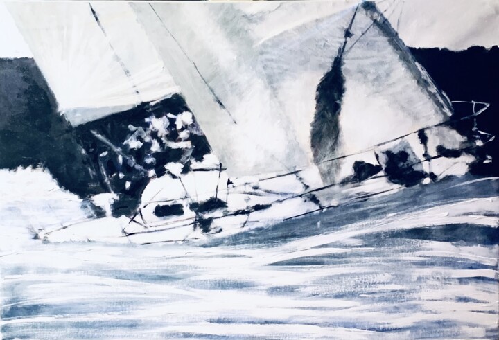 Картина под названием "Barca in Regata: Wi…" - Lino Scerbo, Подлинное произведение искусства, Акрил Установлен на Деревянная…