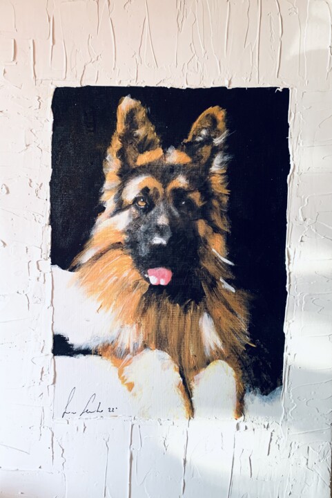 Painting titled "Gold Dog" by Lino Scerbo, Original Artwork, Acrylic Mounted on Wood Panel