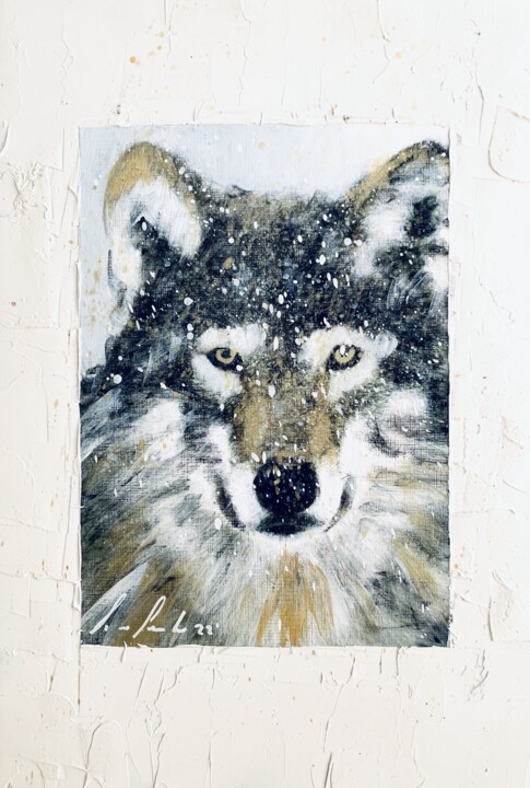 Painting titled "Lupo nella neve" by Lino Scerbo, Original Artwork, Acrylic Mounted on Wood Panel