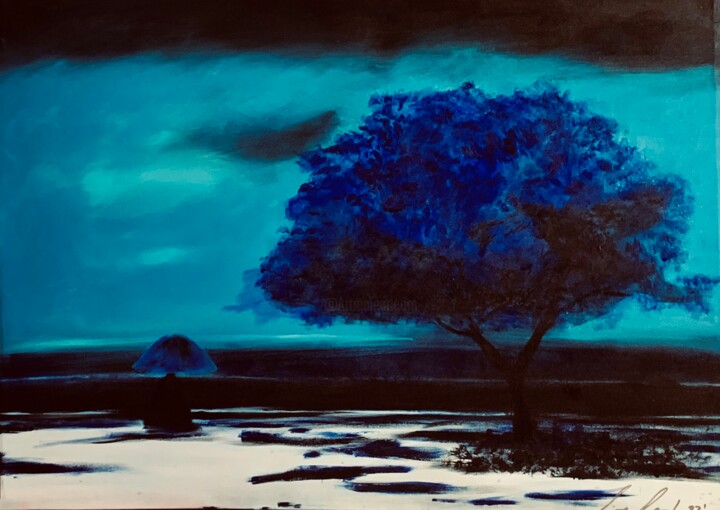 Painting titled "Blue Solitude" by Lino Scerbo, Original Artwork, Acrylic Mounted on Wood Stretcher frame