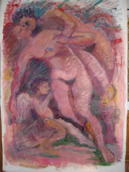 Malerei mit dem Titel "Cupid and 2 Women" von Lorraine Inzalaco, Original-Kunstwerk, Öl