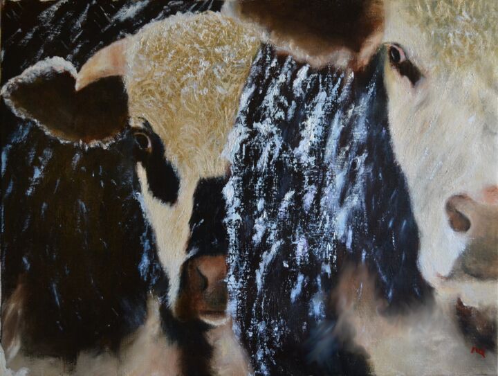 Peinture intitulée "Vaches sous la neig…" par Lionel Crotet (nel), Œuvre d'art originale, Huile