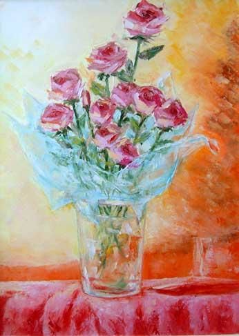 Painting titled "vaso con   rose e u…" by Giuseppe Liotta, Original Artwork