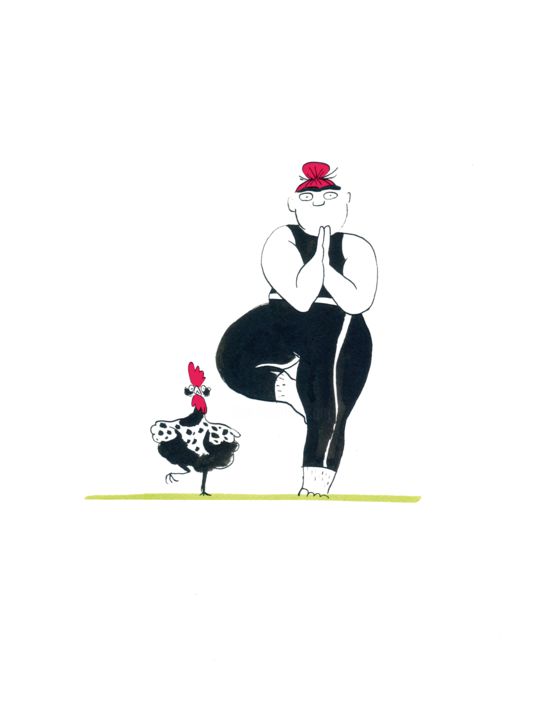Dessin intitulée "Yogi et sa poule" par Lisa Hab, Œuvre d'art originale, Encre