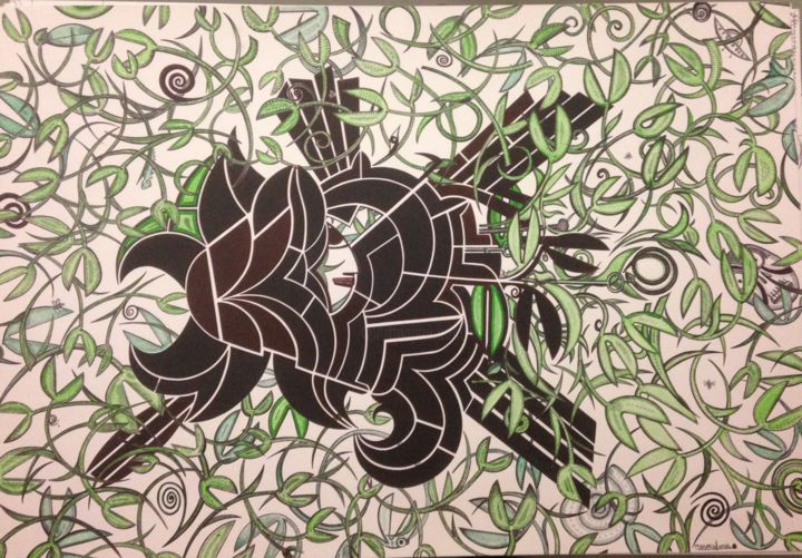 Disegno intitolato "untitled green # 2" da Neroasfera, Opera d'arte originale, Biro