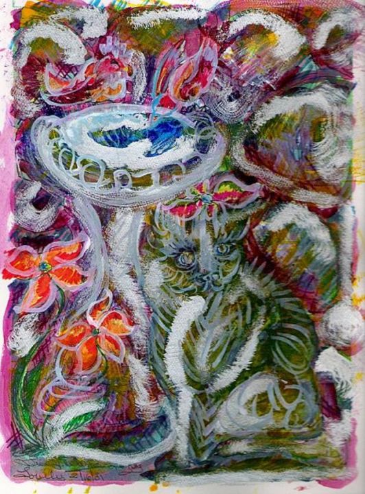 Painting titled "Lovely Kitty at Bir…" by Lisa J. Warner, Original Artwork, Oil