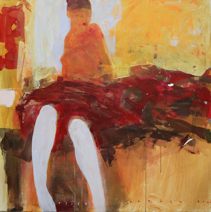 Картина под названием "Красная юбка" - Yury Khorev, Подлинное произведение искусства, Масло