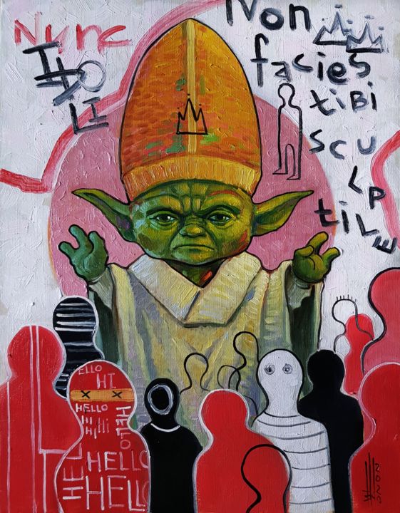 Ζωγραφική με τίτλο ""Daddy Yoda"" από Eld Roland Art Collaboration, Αυθεντικά έργα τέχνης, Λάδι Τοποθετήθηκε στο Ξύλινο φορε…