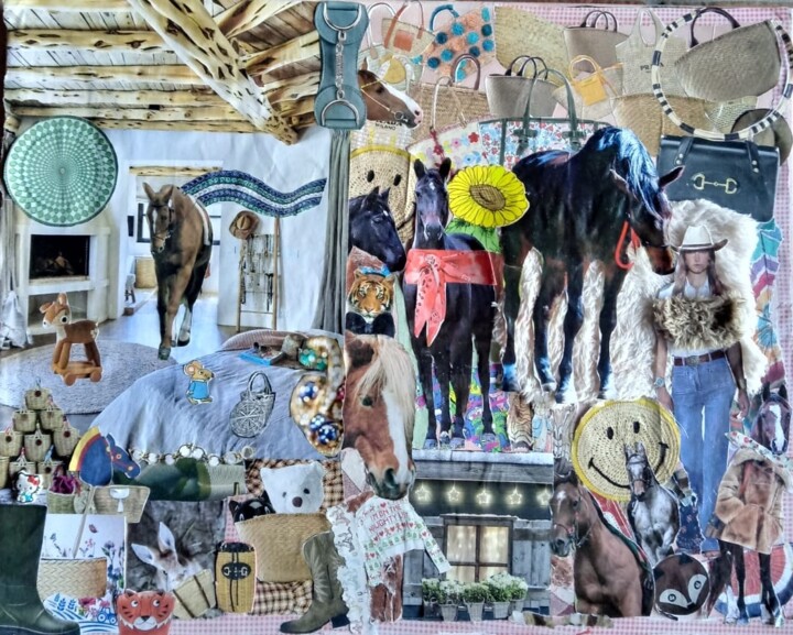Collages getiteld "cestini e cavalli" door Lissa Pennacchi, Origineel Kunstwerk, Collages Gemonteerd op Houten paneel