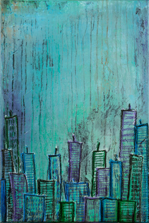Painting titled "Rainy City" by Liss Art Studio, Original Artwork, Acrylic