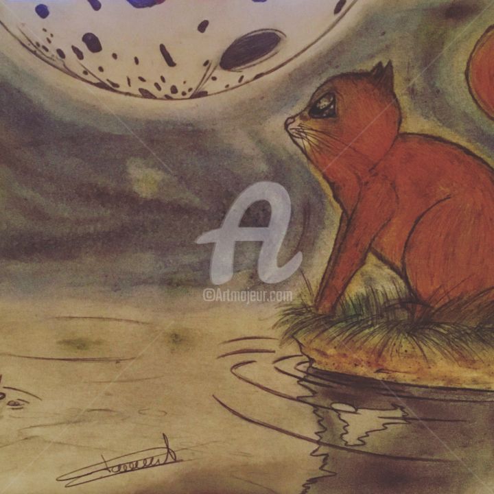 Zeichnungen mit dem Titel "Animal with Moon" von Łıttłə In-Pårīs, Original-Kunstwerk, Pastell