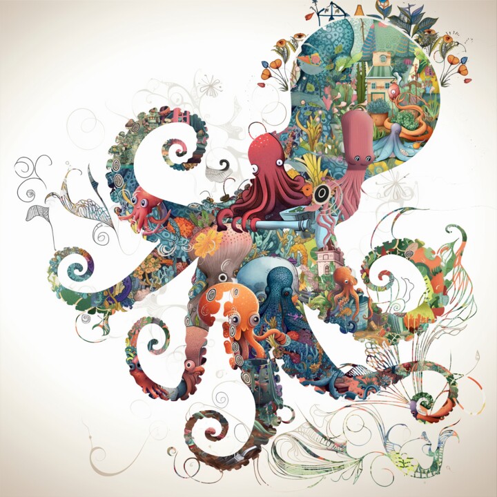 Arte digitale intitolato "Octopus Garden" da Littlesurrealdream, Opera d'arte originale, Collage digitale