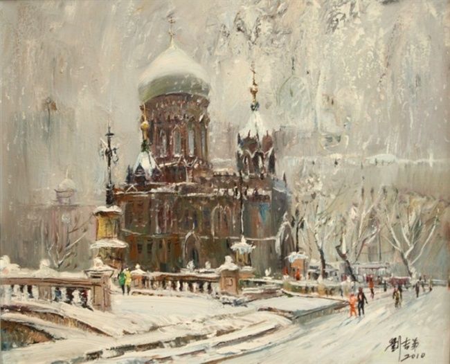 Painting titled "圣索菲亚教堂晨雪Snow-Songhu…" by Liu Jidi, Original Artwork