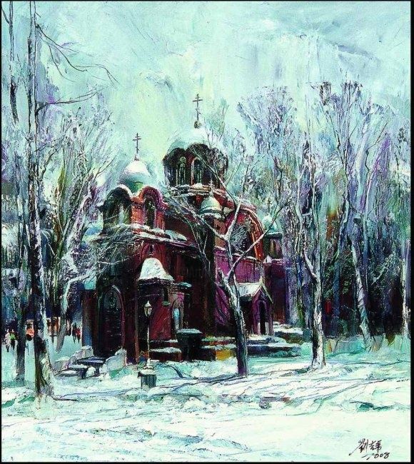 绘画 标题为“圣母守护教堂的晨雪Morning sn…” 由Liu Jidi, 原创艺术品