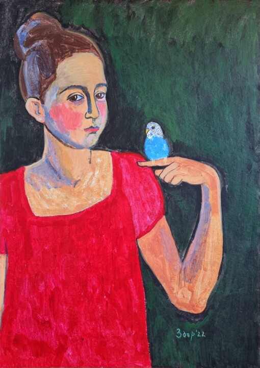 Peinture intitulée "Girl with a budgie" par Liuba Zdor, Œuvre d'art originale, Acrylique