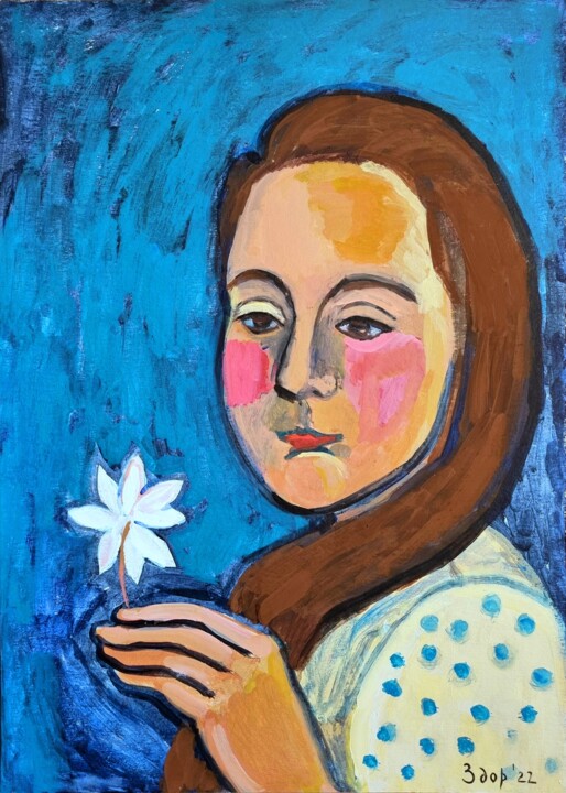 Schilderij getiteld "Girl with a flower" door Liuba Zdor, Origineel Kunstwerk, Acryl