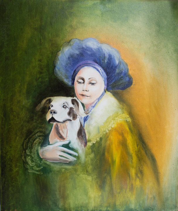 Painting titled "lady in a beret wit…" by Lala Belyaevskaya (Lalabel), Original Artwork, Oil Mounted on Wood Stretcher frame