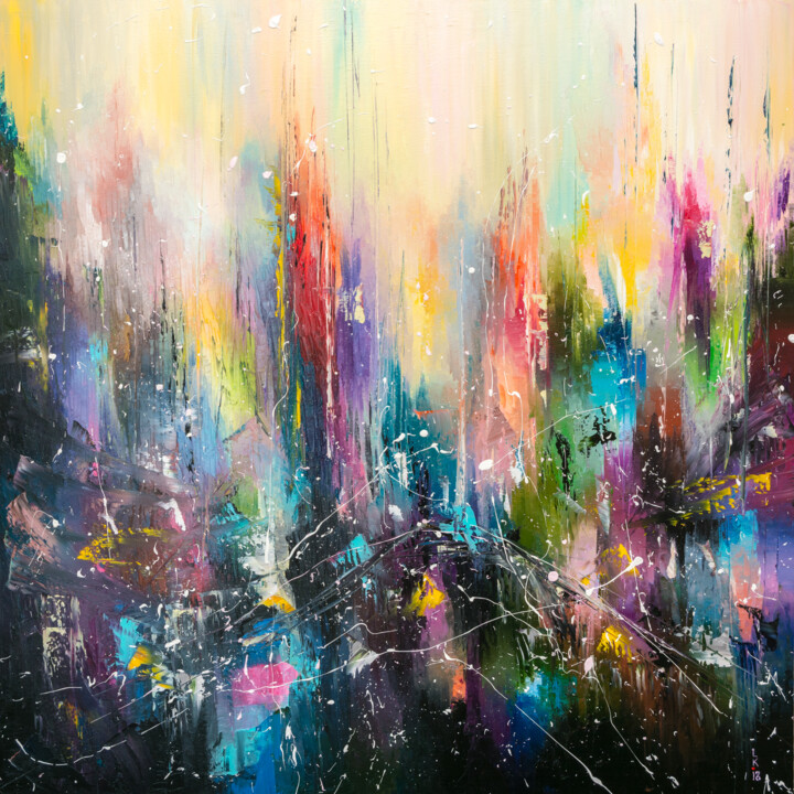 Painting titled "MAGIC CITY (framed)" by Liubov Kuptsova, Original Artwork, Oil Mounted on Cardboard