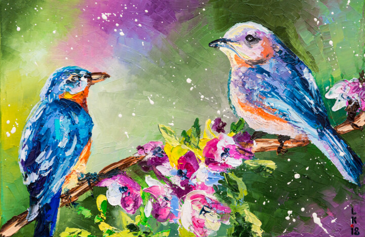 Painting titled "Spring birds" by Liubov Kuptsova, Original Artwork, Oil