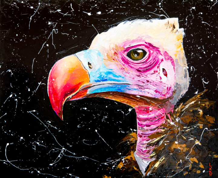 Painting titled "VULTURE (FRAMED)" by Liubov Kuptsova, Original Artwork, Oil Mounted on Wood Stretcher frame