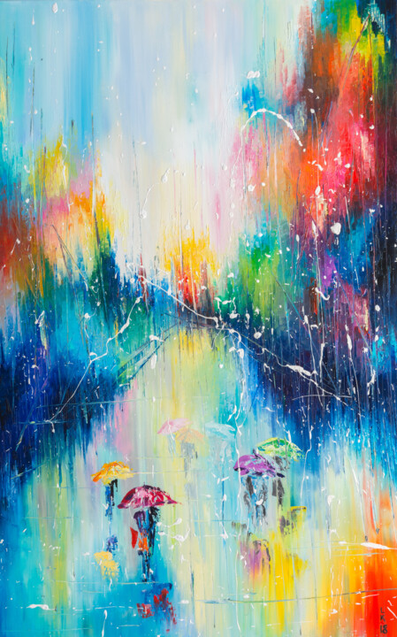 Painting titled "Rainy street" by Liubov Kuptsova, Original Artwork, Oil
