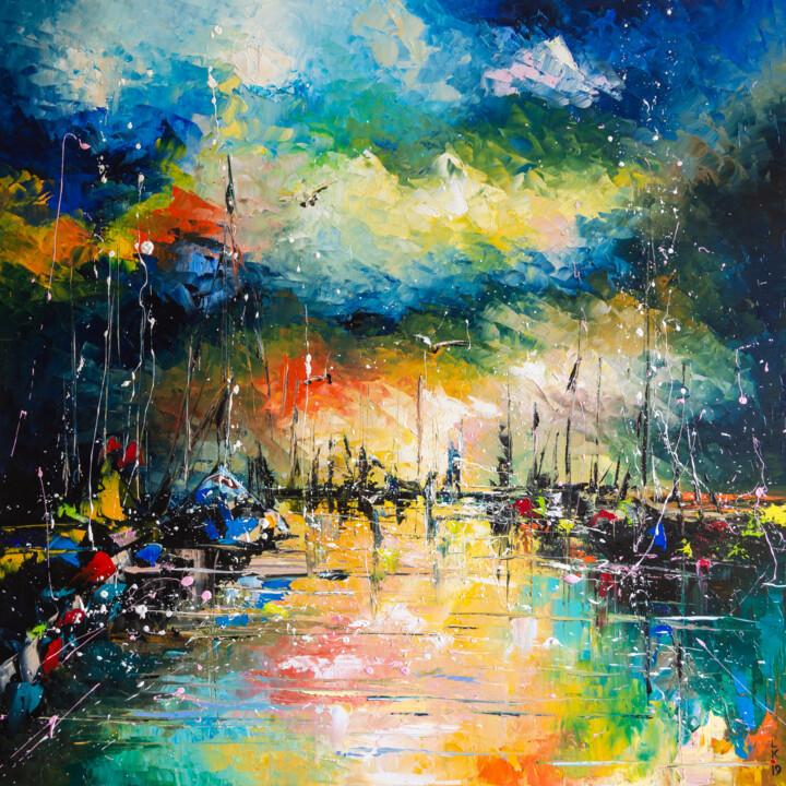 Painting titled "Sunset at harbor" by Liubov Kuptsova, Original Artwork, Oil Mounted on Cardboard