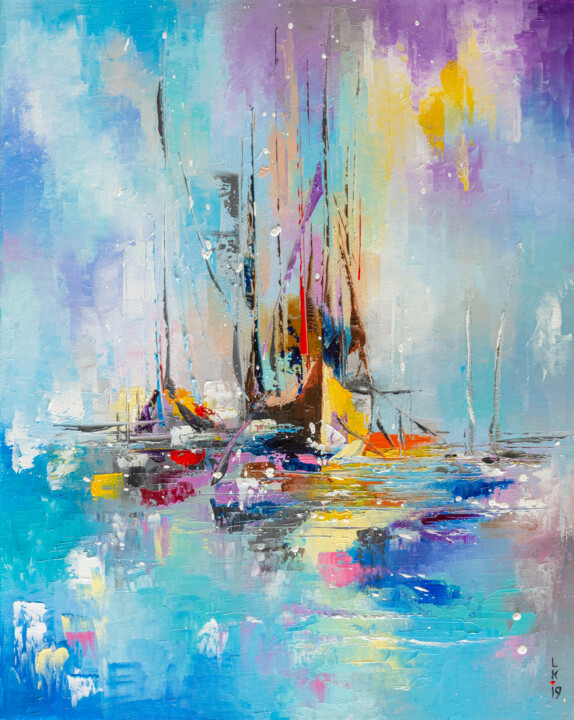 Painting titled "BOATS IN THE MORNIN…" by Liubov Kuptsova, Original Artwork, Oil