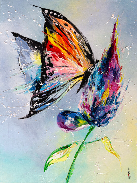 Painting titled "BUTTERFLY ON FLOWER" by Liubov Kuptsova, Original Artwork, Oil Mounted on Wood Stretcher frame