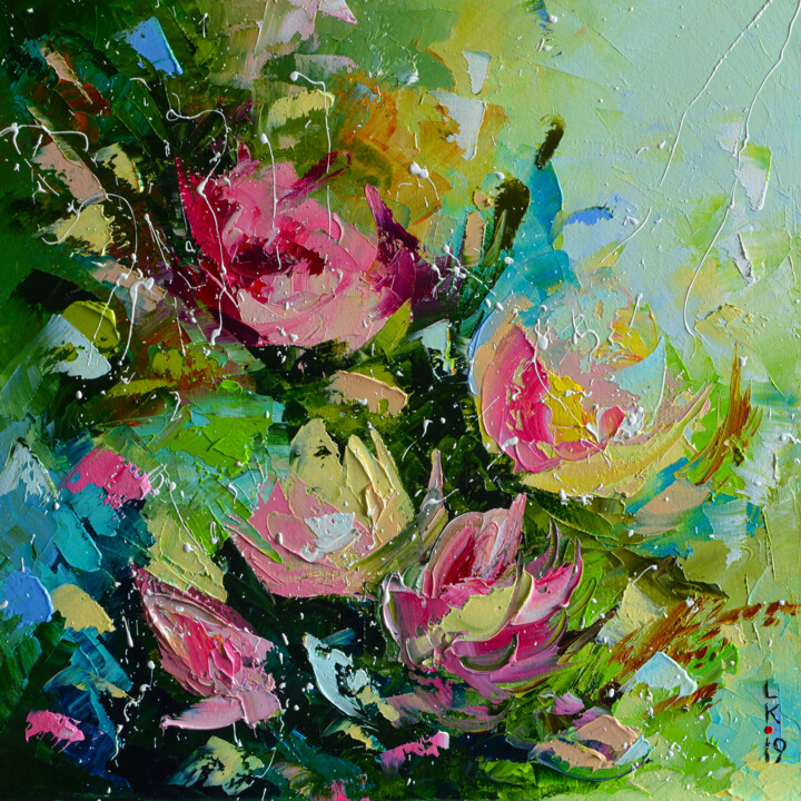 Painting titled "FLOWERS FANTASY 2" by Liubov Kuptsova, Original Artwork, Oil Mounted on Wood Stretcher frame