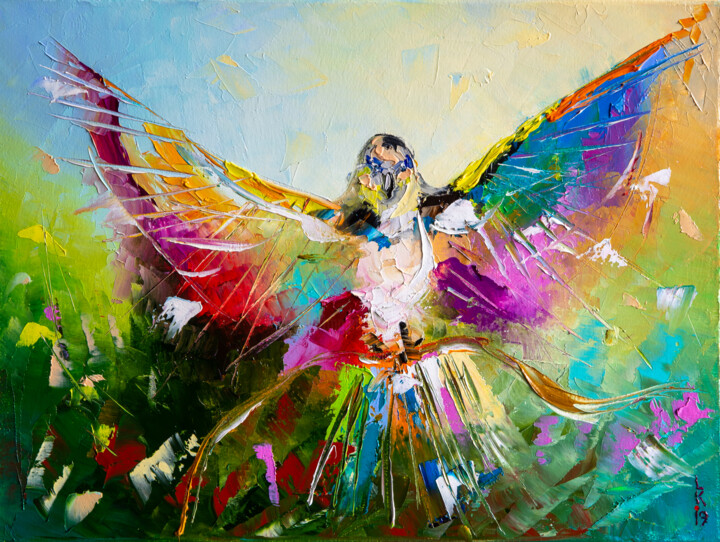 Painting titled "BIRD OF HAPPINESS" by Liubov Kuptsova, Original Artwork, Oil Mounted on Wood Stretcher frame