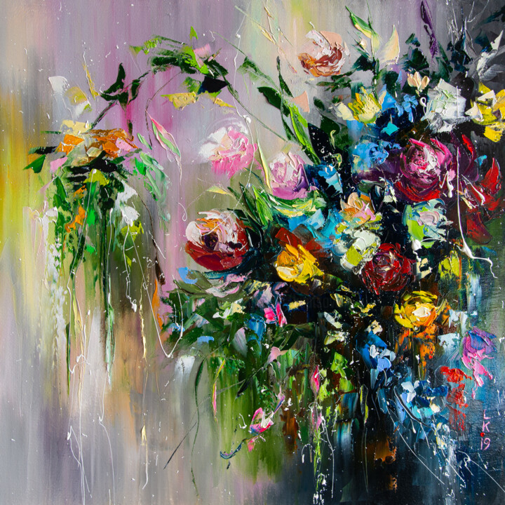Painting titled "Bouquet of wild flo…" by Liubov Kuptsova, Original Artwork, Oil Mounted on Wood Stretcher frame