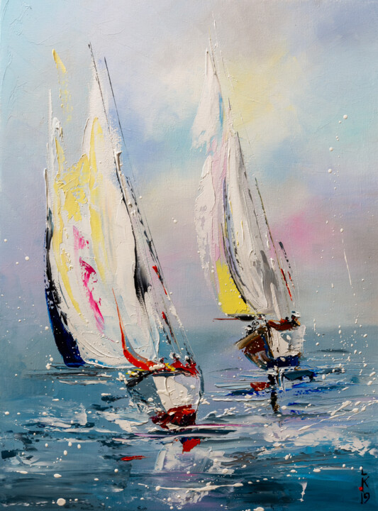 Painting titled "Yacht racing" by Liubov Kuptsova, Original Artwork, Oil Mounted on Wood Stretcher frame