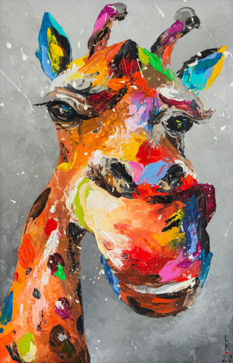 Pintura intitulada "Funny giraffe(frame…" por Liubov Kuptsova, Obras de arte originais, Óleo Montado em Cartão