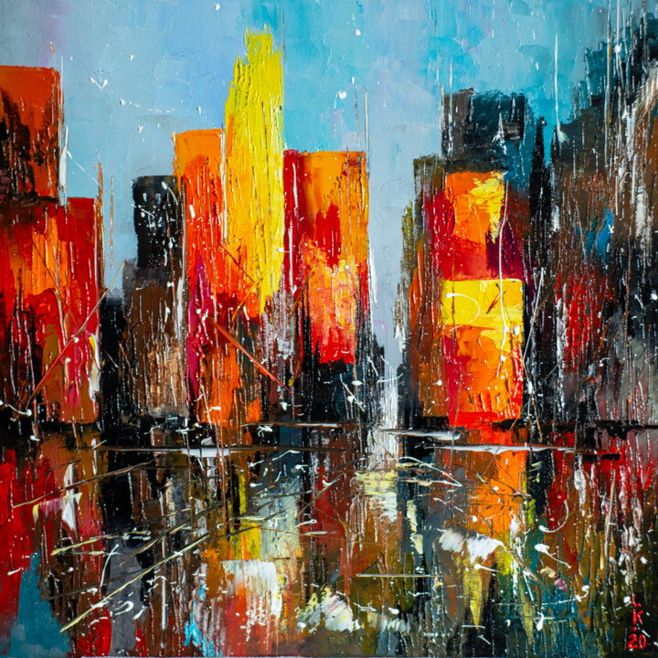 Painting titled "Hot day in the city…" by Liubov Kuptsova, Original Artwork, Oil Mounted on Cardboard