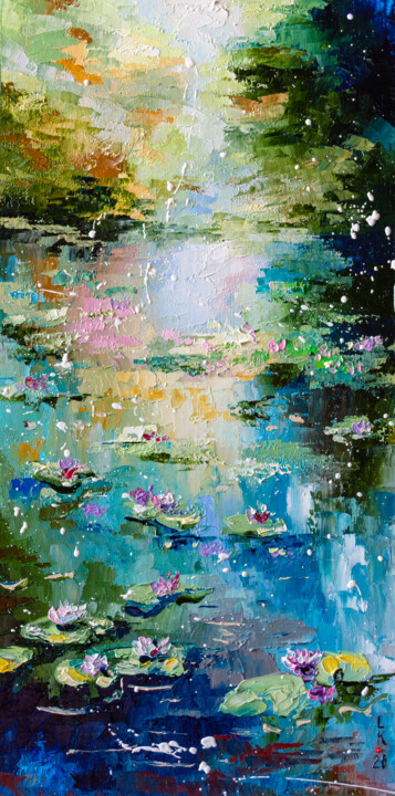 Painting titled "Quiet pond" by Liubov Kuptsova, Original Artwork, Oil Mounted on Cardboard