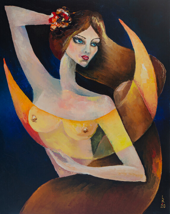 Painting titled "Moon witch" by Liubov Kuptsova, Original Artwork, Oil Mounted on Wood Stretcher frame