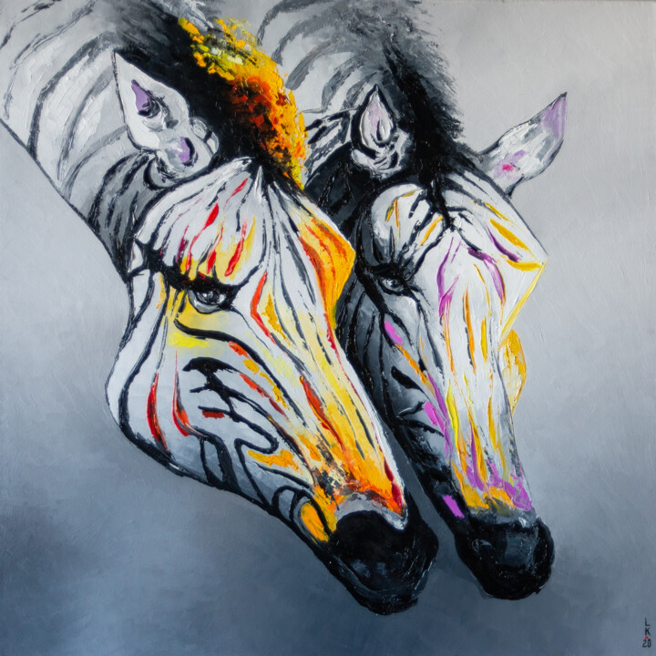 Ζωγραφική με τίτλο "Zebras 2" από Liubov Kuptsova, Αυθεντικά έργα τέχνης, Λάδι Τοποθετήθηκε στο Ξύλινο φορείο σκελετό