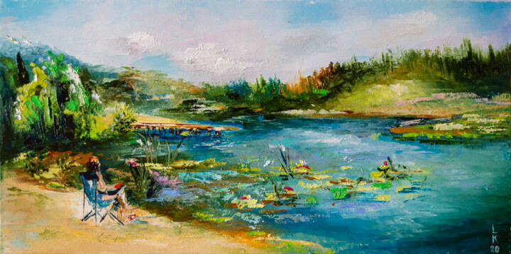 Painting titled "Relax on the river" by Liubov Kuptsova, Original Artwork, Oil Mounted on Wood Stretcher frame