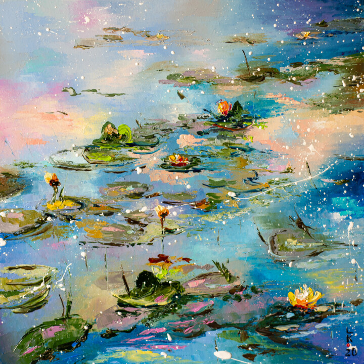 Painting titled "Evening pond" by Liubov Kuptsova, Original Artwork, Oil Mounted on Wood Stretcher frame