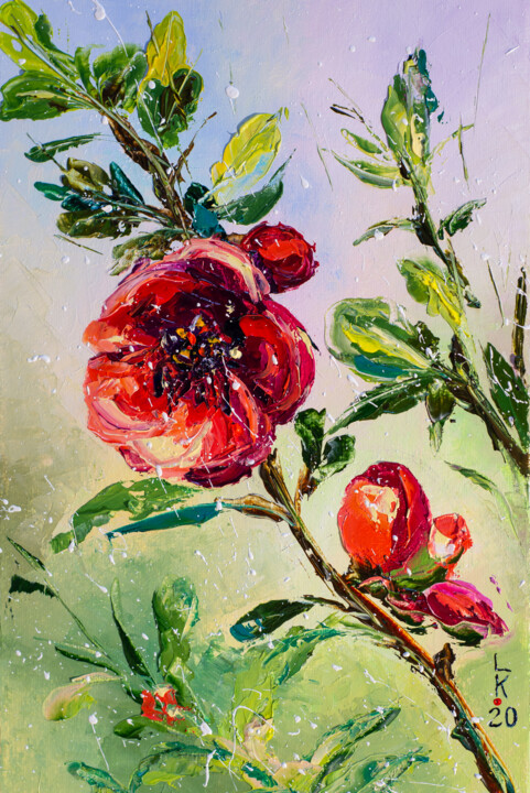 Painting titled "Flowering branch" by Liubov Kuptsova, Original Artwork, Oil Mounted on Wood Stretcher frame