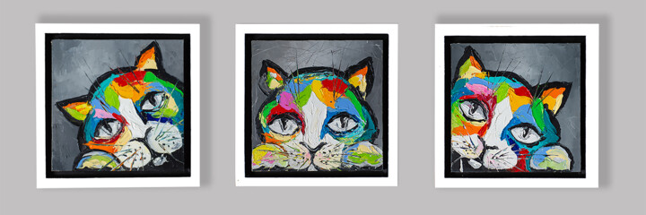 Painting titled "Funny kittens" by Liubov Kuptsova, Original Artwork, Oil Mounted on Wood Stretcher frame