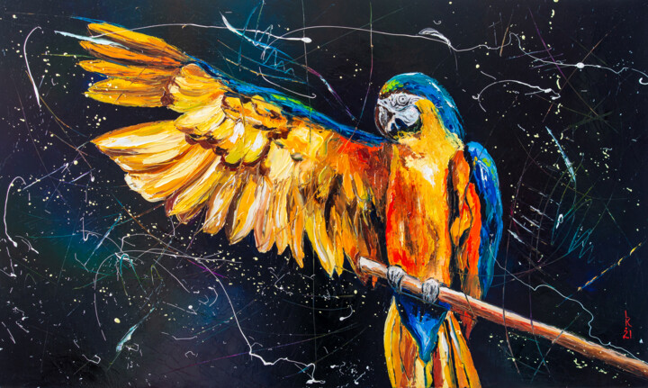 Painting titled "Freedom for parrots…" by Liubov Kuptsova, Original Artwork, Oil Mounted on Wood Stretcher frame