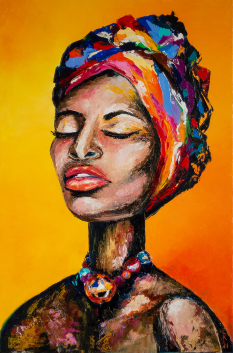 Painting titled "Black mystical woman" by Liubov Kuptsova, Original Artwork, Oil Mounted on Wood Stretcher frame