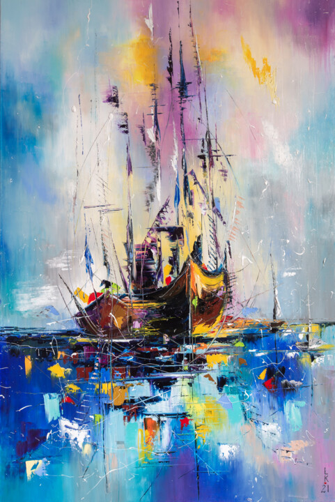 Painting titled "Illusive boats 4" by Liubov Kuptsova, Original Artwork, Oil Mounted on Wood Stretcher frame