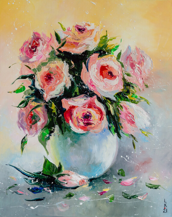 Painting titled "Gentle roses" by Liubov Kuptsova, Original Artwork, Oil Mounted on Wood Stretcher frame