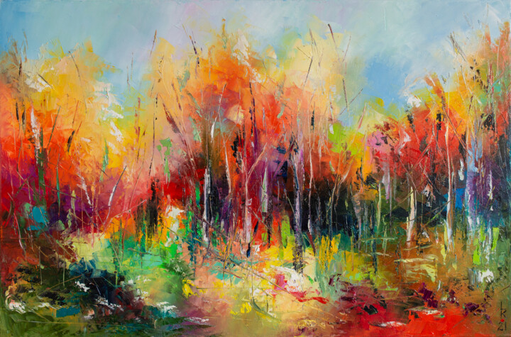 Painting titled "Sunny fall forest" by Liubov Kuptsova, Original Artwork, Oil Mounted on Wood Stretcher frame